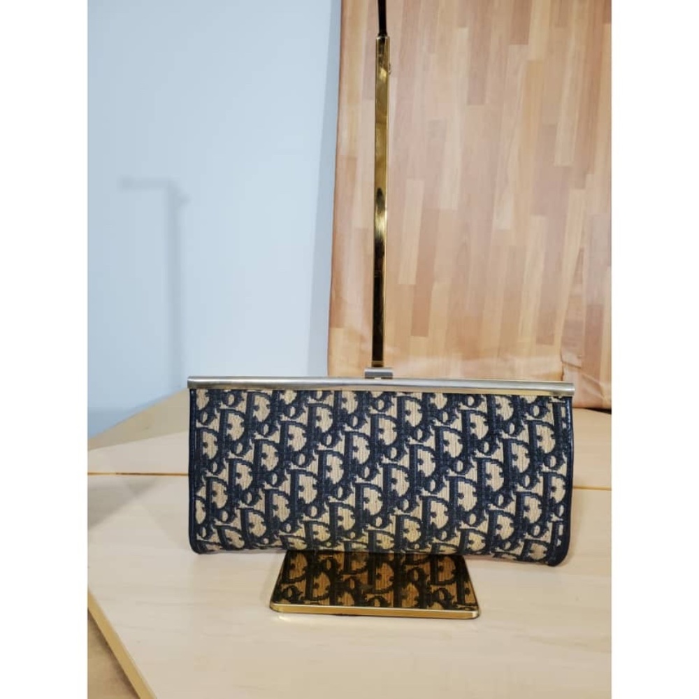 Authentic CHRISTIAN DIOR Vintage Blue Logo Tapestry Canvas Clutch Purse - Picture 2 of 10